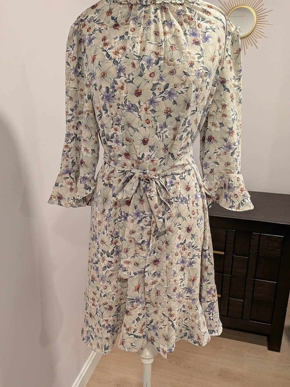 Allegra K Cream Floral Tie-Waist Long Sleeve Midi Dress